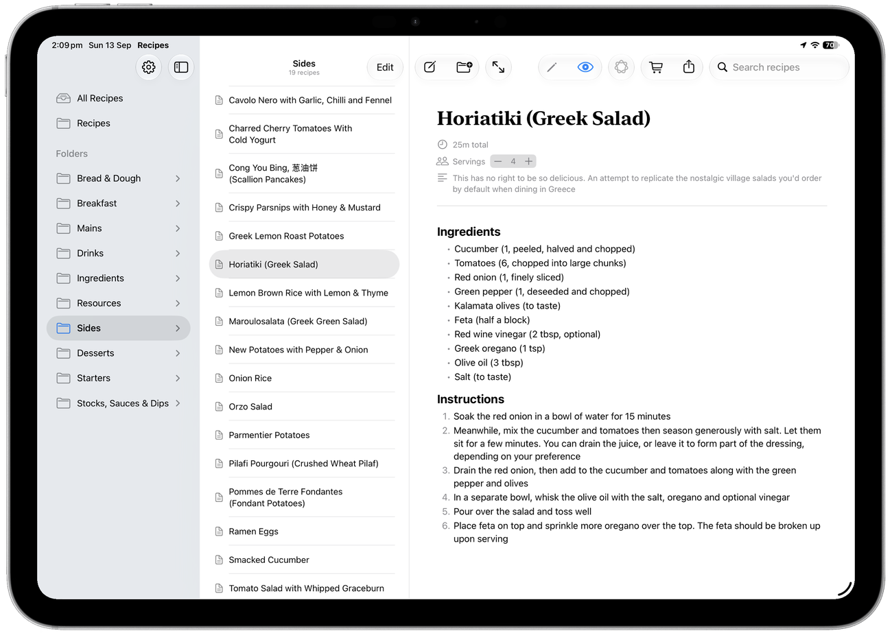 Recipes app on iPadOS